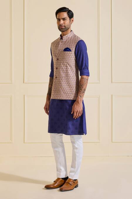 Buy Raghavendra Rathore Jodhpur Beige Viscose, Silk Textured And Blue Nehru Jacket Online at Aza Fashions Buy_Raghavendra Rathore Jodhpur_Beige Viscose, Silk Textured And Blue Nehru Jacket _Online_at_Aza_Fashions