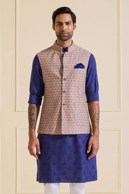 Shop Raghavendra Rathore Jodhpur Beige Viscose, Silk Textured And Blue Nehru Jacket Online at Aza Fashions Shop_Raghavendra Rathore Jodhpur_Beige Viscose, Silk Textured And Blue Nehru Jacket _Online_at_Aza_Fashions