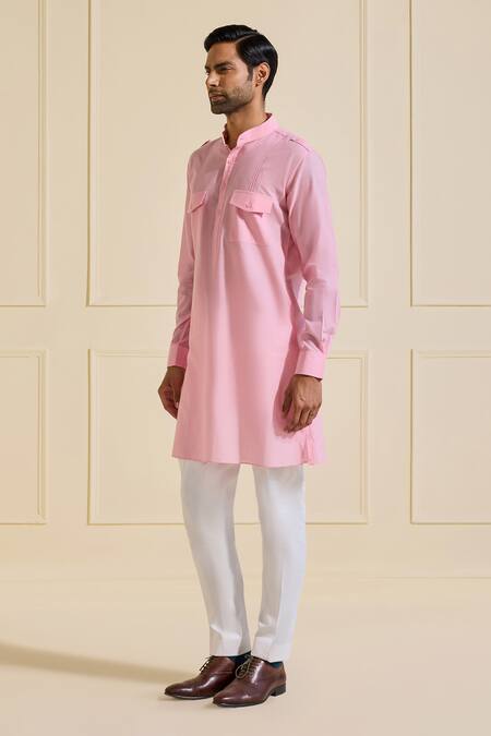 Raghavendra Rathore Jodhpur Pink Cotton Blush Flap Pocket Kurta Online at Aza Fashions Raghavendra Rathore Jodhpur_Pink Cotton Blush Flap Pocket Kurta _Online_at_Aza_Fashions