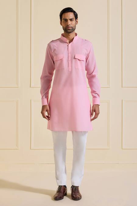 Shop Raghavendra Rathore Jodhpur Pink Cotton Blush Flap Pocket Kurta Online at Aza Fashions Shop_Raghavendra Rathore Jodhpur_Pink Cotton Blush Flap Pocket Kurta _Online_at_Aza_Fashions