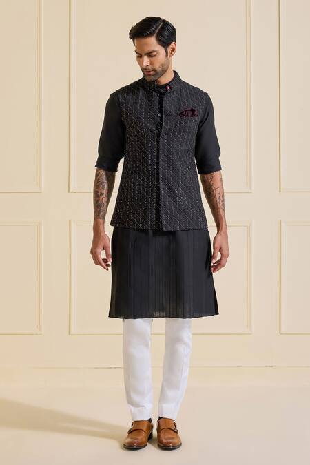 Shop Raghavendra Rathore Jodhpur Black Viscose, Silk Designer Nehru Jacket Online at Aza Fashions Shop_Raghavendra Rathore Jodhpur_Black Viscose, Silk Designer Nehru Jacket _Online_at_Aza_Fashions