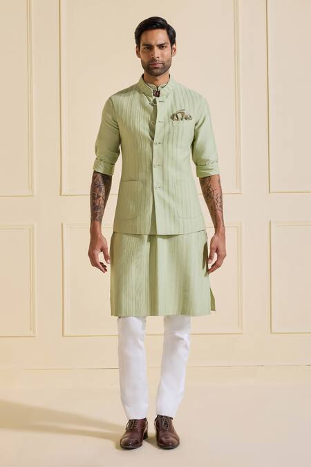 Shop Raghavendra Rathore Jodhpur Mint Viscose, Silk Green Pleated Nehru Jacket Online at Aza Fashions Shop_Raghavendra Rathore Jodhpur_Mint Viscose, Silk Green Pleated Nehru Jacket _Online_at_Aza_Fashions