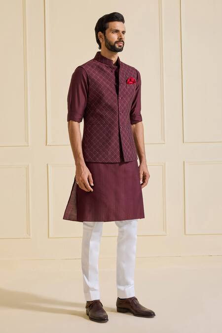 Raghavendra Rathore Jodhpur Maroon Viscose, Silk Luxe Bundi Jacket Online at Aza Fashions Raghavendra Rathore Jodhpur_Maroon Viscose, Silk Luxe Bundi Jacket _Online_at_Aza_Fashions