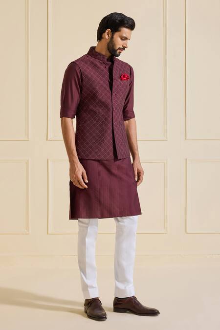 Shop Raghavendra Rathore Jodhpur Maroon Viscose, Silk Luxe Bundi Jacket Online at Aza Fashions Shop_Raghavendra Rathore Jodhpur_Maroon Viscose, Silk Luxe Bundi Jacket _Online_at_Aza_Fashions