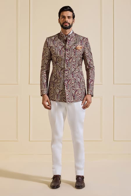 Buy_Raghavendra Rathore Jodhpur_Multi Color Linen Embroidery Designer Bandhgala Jacket _Online_at_Aza_Fashions