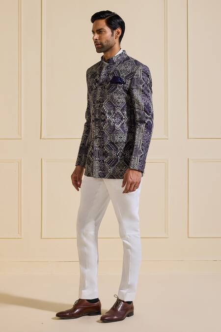 Raghavendra Rathore Jodhpur_Multi Color Linen Embroidery Designer Bespoke Bandhgala Jacket _Online_at_Aza_Fashions