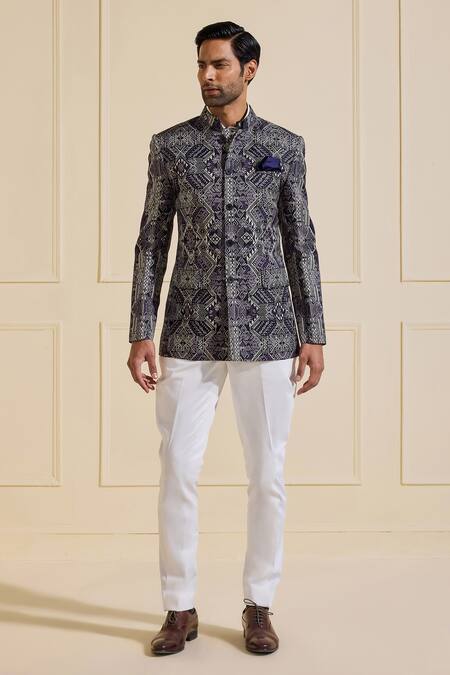 Buy_Raghavendra Rathore Jodhpur_Multi Color Linen Embroidery Designer Bespoke Bandhgala Jacket _Online_at_Aza_Fashions