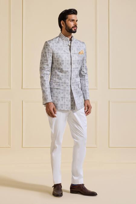 Buy_Raghavendra Rathore Jodhpur_Multi Color Linen Embroidery Opalescent Pearl Bandhgala Jacket _Online_at_Aza_Fashions
