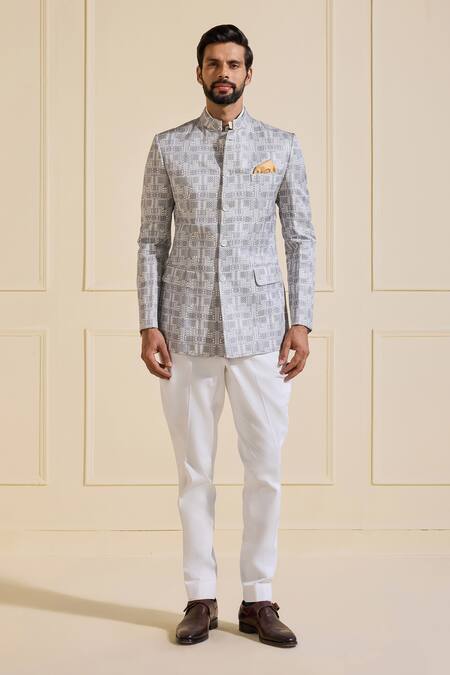 Shop_Raghavendra Rathore Jodhpur_Multi Color Linen Embroidery Opalescent Pearl Bandhgala Jacket _Online_at_Aza_Fashions