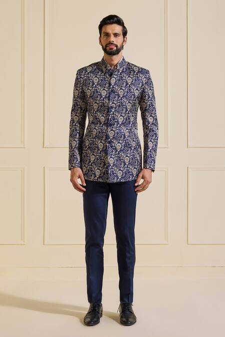 Buy Raghavendra Rathore Jodhpur Blue Linen Embroidery Designer Bandhgala Online at Aza Fashions Buy_Raghavendra Rathore Jodhpur_Blue Linen Embroidery Designer Bandhgala _Online_at_Aza_Fashions