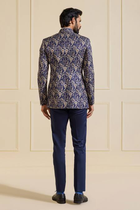 Shop Raghavendra Rathore Jodhpur Blue Linen Embroidery Designer Bandhgala at Aza Fashions Shop_Raghavendra Rathore Jodhpur_Blue Linen Embroidery Designer Bandhgala _at_Aza_Fashions