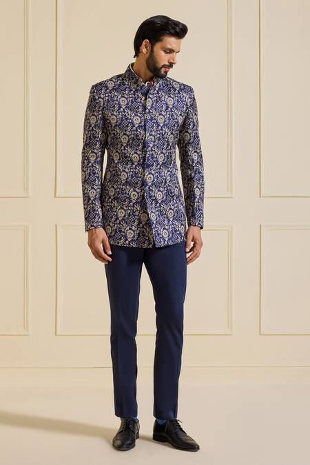 Shop Raghavendra Rathore Jodhpur Blue Linen Embroidery Designer Bandhgala Online at Aza Fashions Shop_Raghavendra Rathore Jodhpur_Blue Linen Embroidery Designer Bandhgala _Online_at_Aza_Fashions