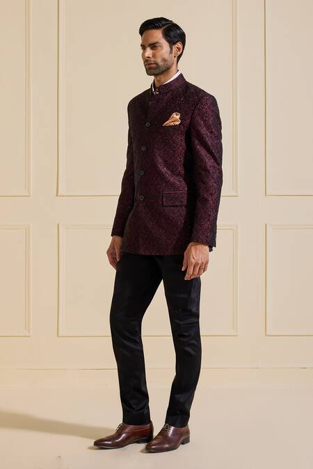 Raghavendra Rathore Jodhpur Burgundy Viscose, Silk Regal Velvet Bandhgala Online at Aza Fashions Raghavendra Rathore Jodhpur_Burgundy Viscose, Silk Regal Velvet Bandhgala _Online_at_Aza_Fashions