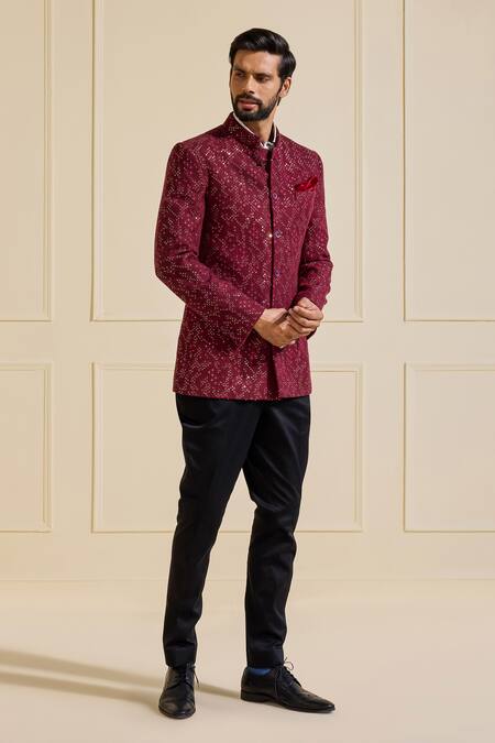 Raghavendra Rathore Jodhpur_Maroon Silk Embroidery Opulent Bandhgala In _Online_at_Aza_Fashions