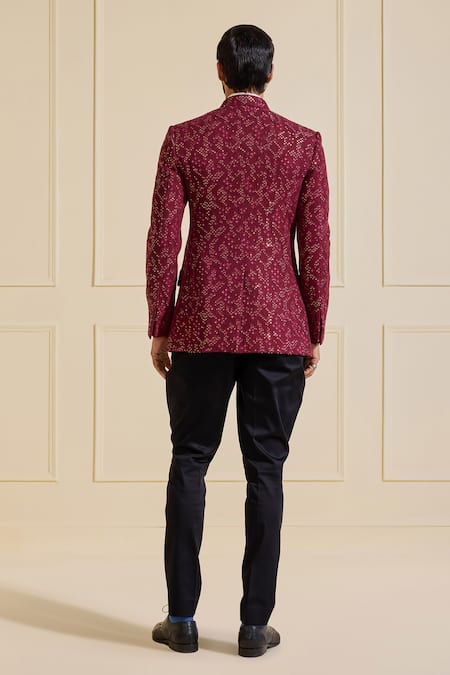 Raghavendra Rathore Jodhpur Opulent Bandhgala in Maroon Silk 