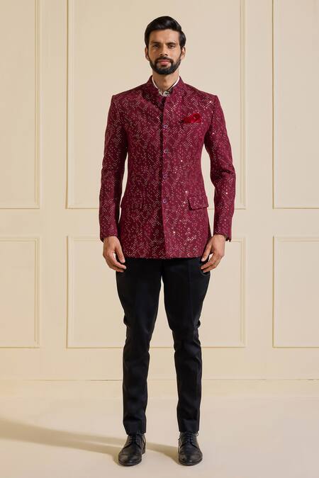 Buy_Raghavendra Rathore Jodhpur_Maroon Silk Embroidery Opulent Bandhgala In _Online_at_Aza_Fashions