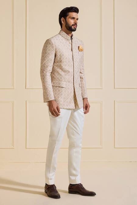 Raghavendra Rathore Jodhpur_Gold Brocade Bandhgala Jacket_Online_at_Aza_Fashions