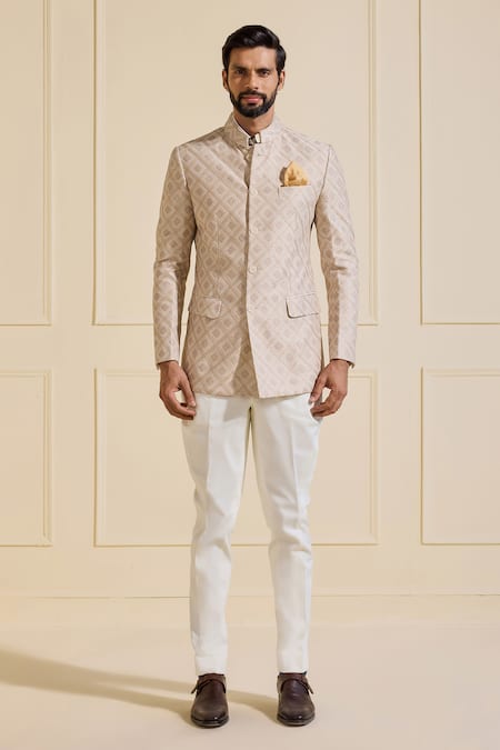 Buy_Raghavendra Rathore Jodhpur_Gold Brocade Bandhgala Jacket_Online_at_Aza_Fashions
