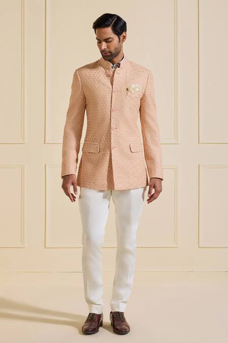 Raghavendra Rathore Jodhpur_Peach Silk Designer Luxe Bandhgala _Online_at_Aza_Fashions