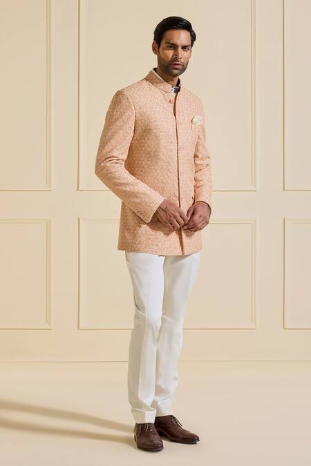 Buy_Raghavendra Rathore Jodhpur_Peach Silk Designer Luxe Bandhgala _Online_at_Aza_Fashions