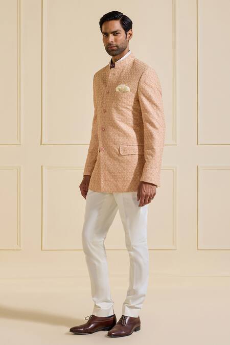 Shop_Raghavendra Rathore Jodhpur_Peach Silk Designer Luxe Bandhgala _Online_at_Aza_Fashions