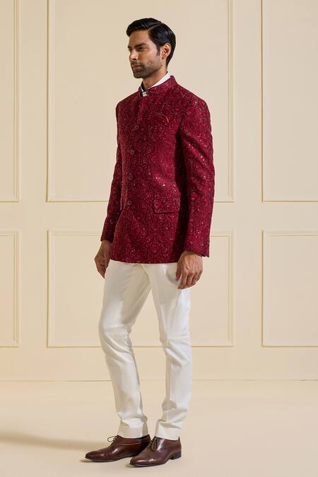 Raghavendra Rathore Jodhpur_Maroon Silk Embroidery Garnet Bandhgala Jacket _Online_at_Aza_Fashions