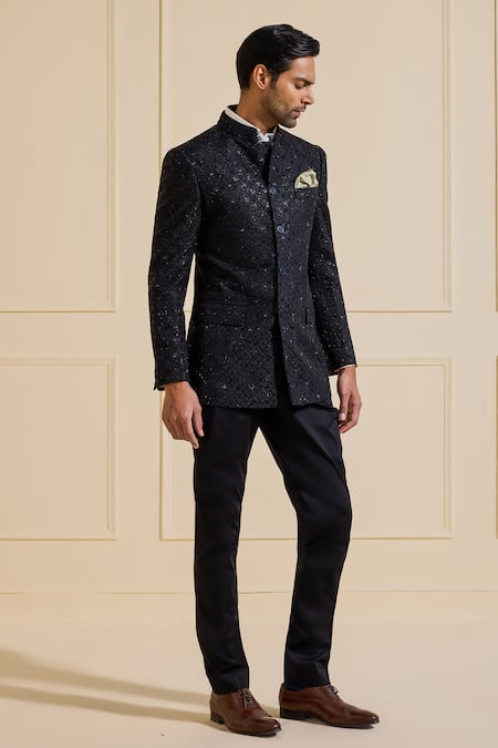 Shop Raghavendra Rathore Jodhpur Black Silk Embroidery Designer Bandhgala Jacket Online at Aza Fashions Shop_Raghavendra Rathore Jodhpur_Black Silk Embroidery Designer Bandhgala Jacket _Online_at_Aza_Fashions