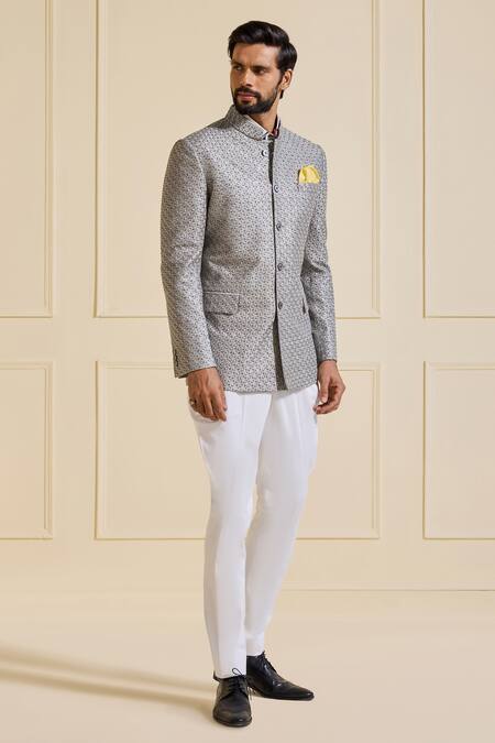 Raghavendra Rathore Jodhpur_Gray Silk Embroidery Textured Bandhgala Jacket _at_Aza_Fashions