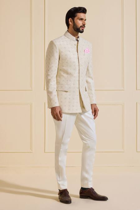 Raghavendra Rathore Jodhpur_Off White Silk Embroidery Textured Bandhgala Jacket _Online_at_Aza_Fashions