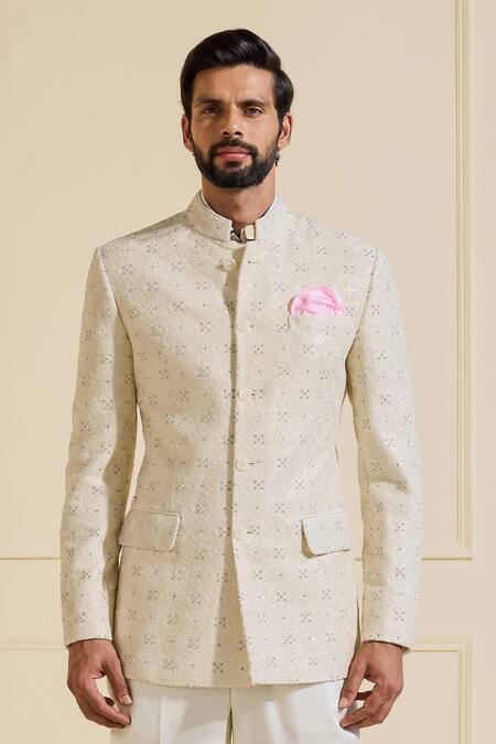 Buy_Raghavendra Rathore Jodhpur_Off White Silk Embroidery Textured Bandhgala Jacket _Online_at_Aza_Fashions