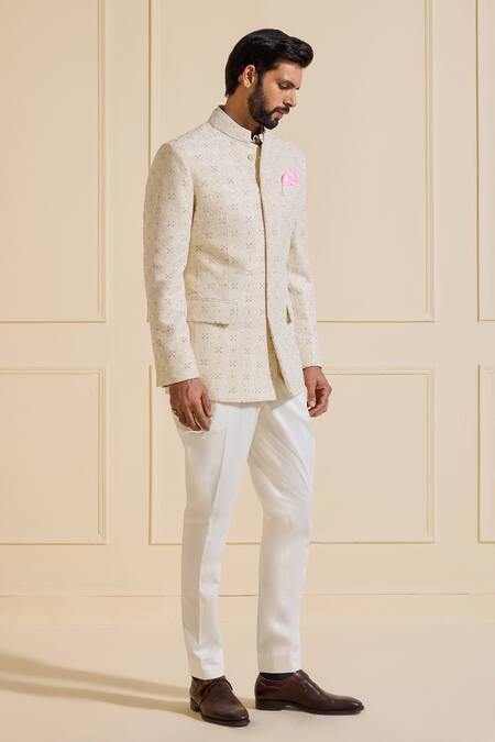 Shop_Raghavendra Rathore Jodhpur_Off White Silk Embroidery Textured Bandhgala Jacket _Online_at_Aza_Fashions