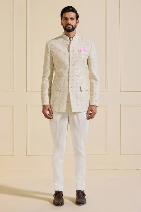 Raghavendra Rathore Jodhpur_Off White Silk Embroidery Textured Bandhgala Jacket _at_Aza_Fashions