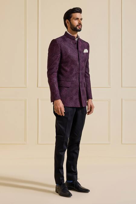 Buy_Raghavendra Rathore Jodhpur_Purple Silk Embroidery Embellished Bandhgala Jacket _Online_at_Aza_Fashions