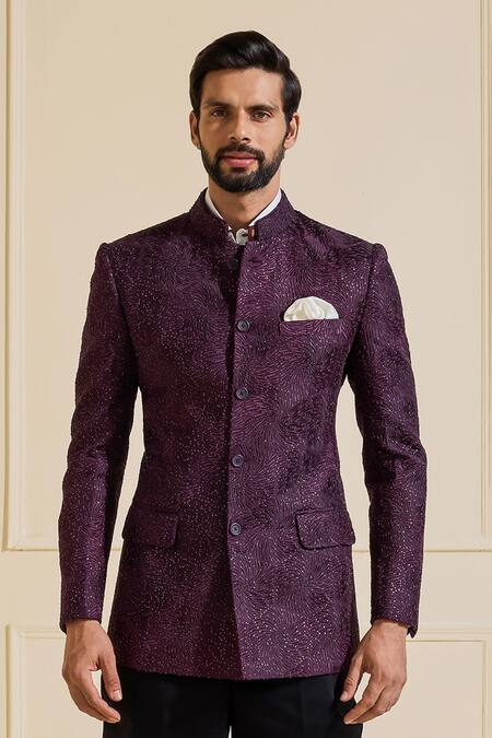 Shop_Raghavendra Rathore Jodhpur_Purple Silk Embroidery Embellished Bandhgala Jacket _Online_at_Aza_Fashions