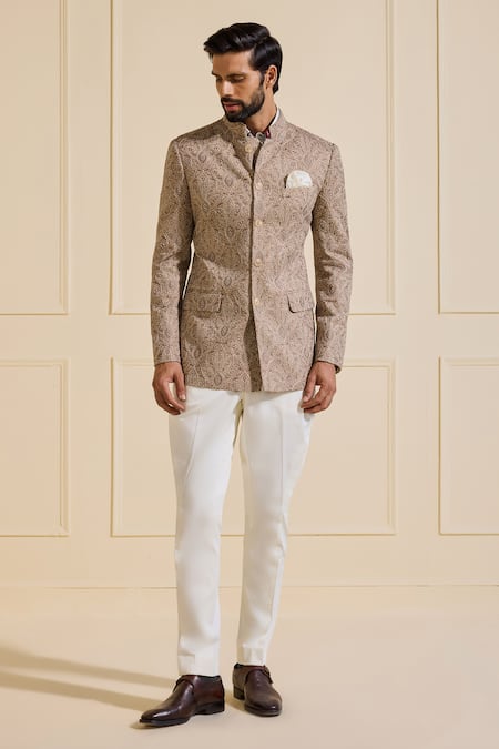 Raghavendra Rathore Jodhpur_Beige Silk Embroidery Designer Bandhgala Jacket_Online_at_Aza_Fashions
