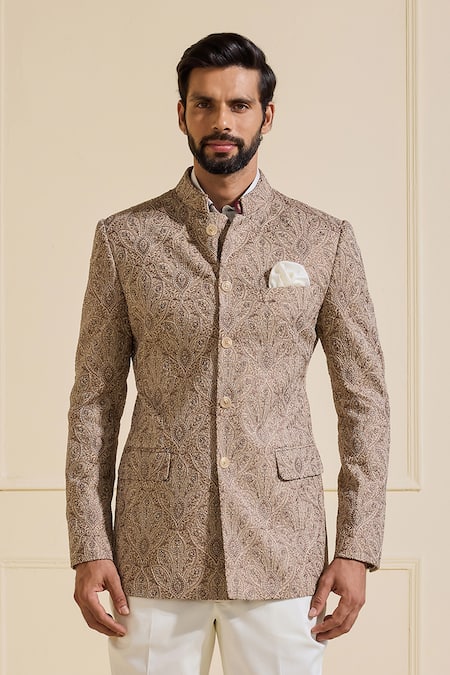 Buy_Raghavendra Rathore Jodhpur_Beige Silk Embroidery Designer Bandhgala Jacket_Online_at_Aza_Fashions