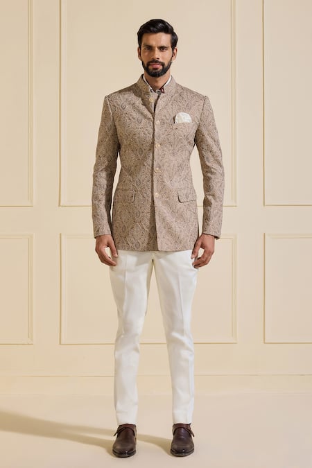 Shop_Raghavendra Rathore Jodhpur_Beige Silk Embroidery Designer Bandhgala Jacket_Online_at_Aza_Fashions