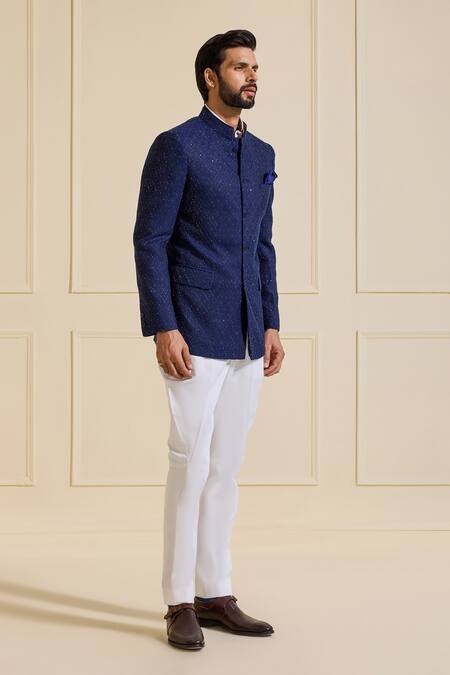 Raghavendra Rathore Jodhpur Navy Viscose, Silk Embroidery Luxe Royal Blue Bandhgala Jacket Online at Aza Fashions Raghavendra Rathore Jodhpur_Navy Viscose, Silk Embroidery Luxe Royal Blue Bandhgala Jacket _Online_at_Aza_Fashions