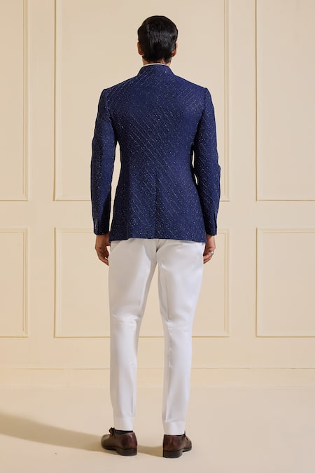 Shop Raghavendra Rathore Jodhpur Navy Viscose, Silk Embroidery Luxe Royal Blue Bandhgala Jacket at Aza Fashions Shop_Raghavendra Rathore Jodhpur_Navy Viscose, Silk Embroidery Luxe Royal Blue Bandhgala Jacket _at_Aza_Fashions