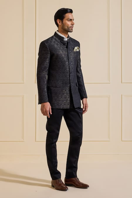 Raghavendra Rathore Jodhpur Black Brocade Gilded Bandhgala Online at Aza Fashions Raghavendra Rathore Jodhpur_Black Brocade Gilded Bandhgala_Online_at_Aza_Fashions