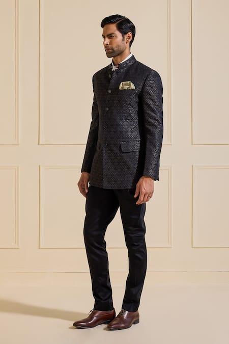 Buy Raghavendra Rathore Jodhpur Black Brocade Gilded Bandhgala Online at Aza Fashions Buy_Raghavendra Rathore Jodhpur_Black Brocade Gilded Bandhgala_Online_at_Aza_Fashions