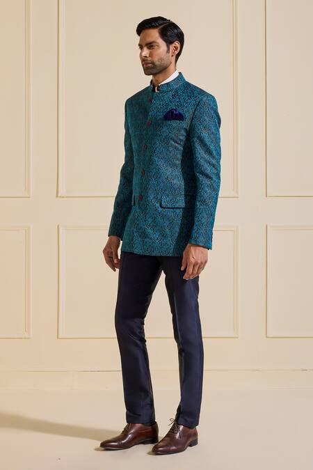 Raghavendra Rathore Jodhpur_Blue Brocade Embroidery Textured Bandhgala Jacket _Online_at_Aza_Fashions