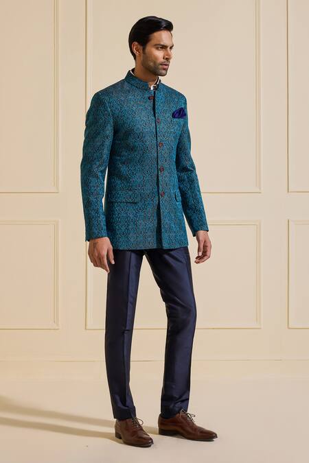Buy_Raghavendra Rathore Jodhpur_Blue Brocade Embroidery Textured Bandhgala Jacket _Online_at_Aza_Fashions