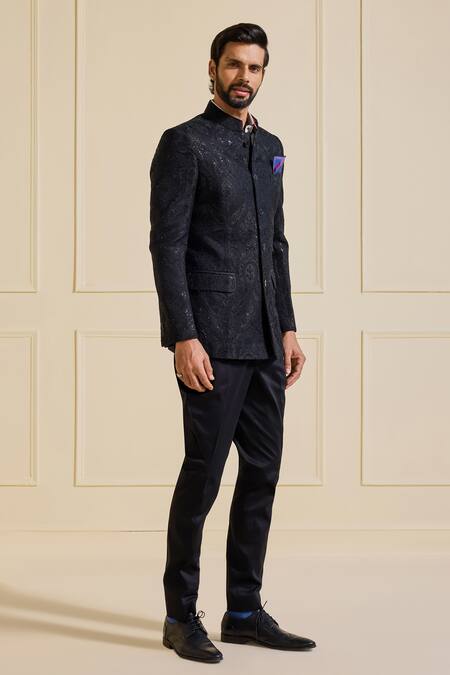 Shop Raghavendra Rathore Jodhpur Black Brocade Embroidery Gilded Grandeur Bandhgala Online at Aza Fashions Shop_Raghavendra Rathore Jodhpur_Black Brocade Embroidery Gilded Grandeur Bandhgala _Online_at_Aza_Fashions