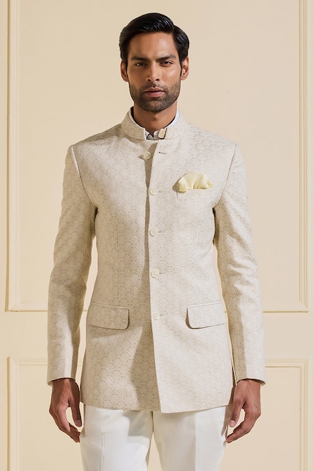 Raghavendra Rathore Jodhpur_Off White Brocade Embroidery Shimmered Bandhgala _Online_at_Aza_Fashions