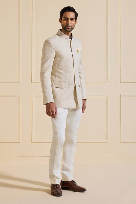 Buy_Raghavendra Rathore Jodhpur_Off White Brocade Embroidery Shimmered Bandhgala _Online_at_Aza_Fashions