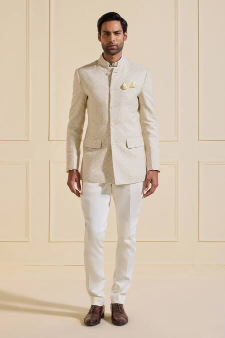 Shop_Raghavendra Rathore Jodhpur_Off White Brocade Embroidery Shimmered Bandhgala _Online_at_Aza_Fashions