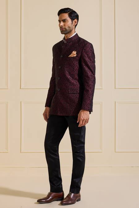 Raghavendra Rathore Jodhpur_Maroon Silk Embroidery Bandhgala Jacket _Online_at_Aza_Fashions