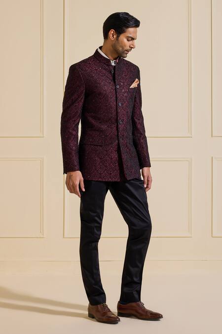 Buy_Raghavendra Rathore Jodhpur_Maroon Silk Embroidery Bandhgala Jacket _Online_at_Aza_Fashions