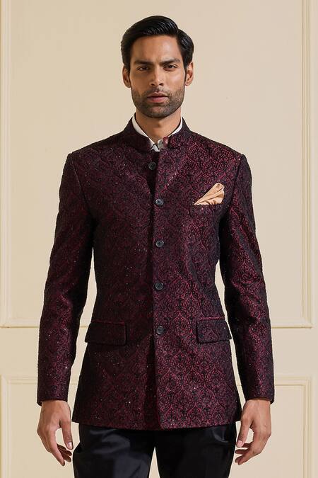 Shop_Raghavendra Rathore Jodhpur_Maroon Silk Embroidery Bandhgala Jacket _Online_at_Aza_Fashions